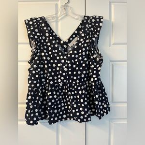 Large, Navy and white polka dot, Loft Peplum top with flutter sleeves